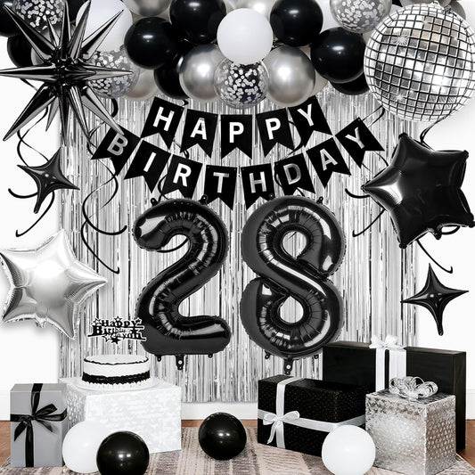 28th Birthday Decorations for Men Women, Black Silver Happy Birthday Party Decorations， 28 Year Old Party Supplies with Number 28 Balloons, Banner, Fringe Curtains Kit