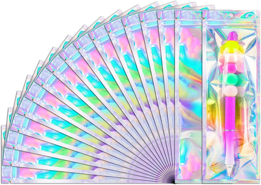 FUNFERY 100 Pack Holographic Bags Clear Window Resealable Bags for Candy Party Favor, Mylar Zipper Bag Stripping Foil Pouch Packaging Bag for Pen,Jewelry,Brushes Small Business Supplies(2.7x9in)