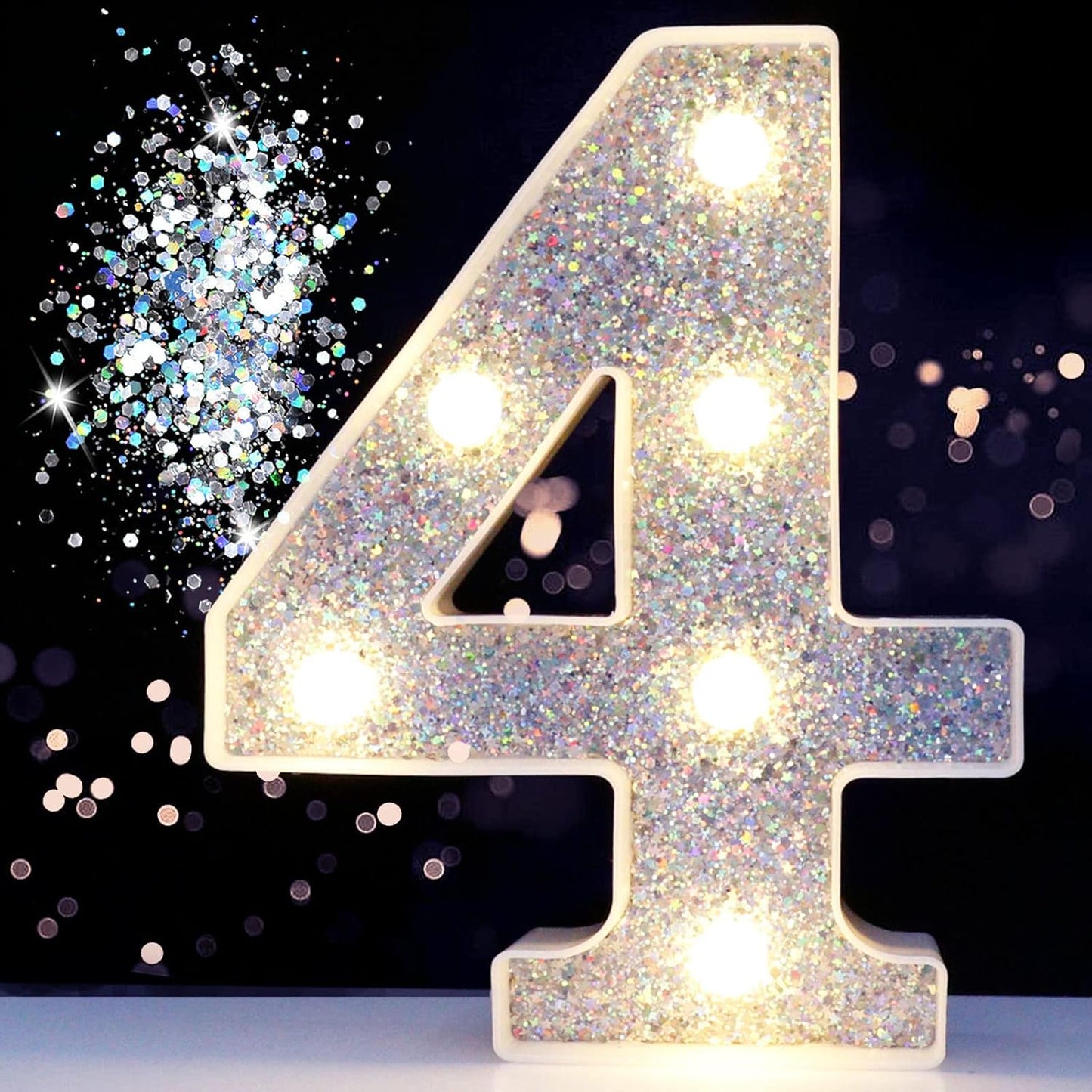Pooqla Marquee Light up Numbers, Lighted Numbers for 4th Birthday Decorations, Night Light Battery Powered for Silver Party Decorations, Gift for Boys Girls Christmas Wedding Home Room Decoration