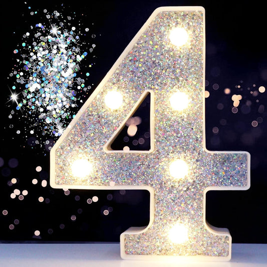 Pooqla Marquee Light up Numbers, Lighted Numbers for 4th Birthday Decorations, Night Light Battery Powered for Silver Party Decorations, Gift for Boys Girls Christmas Wedding Home Room Decoration