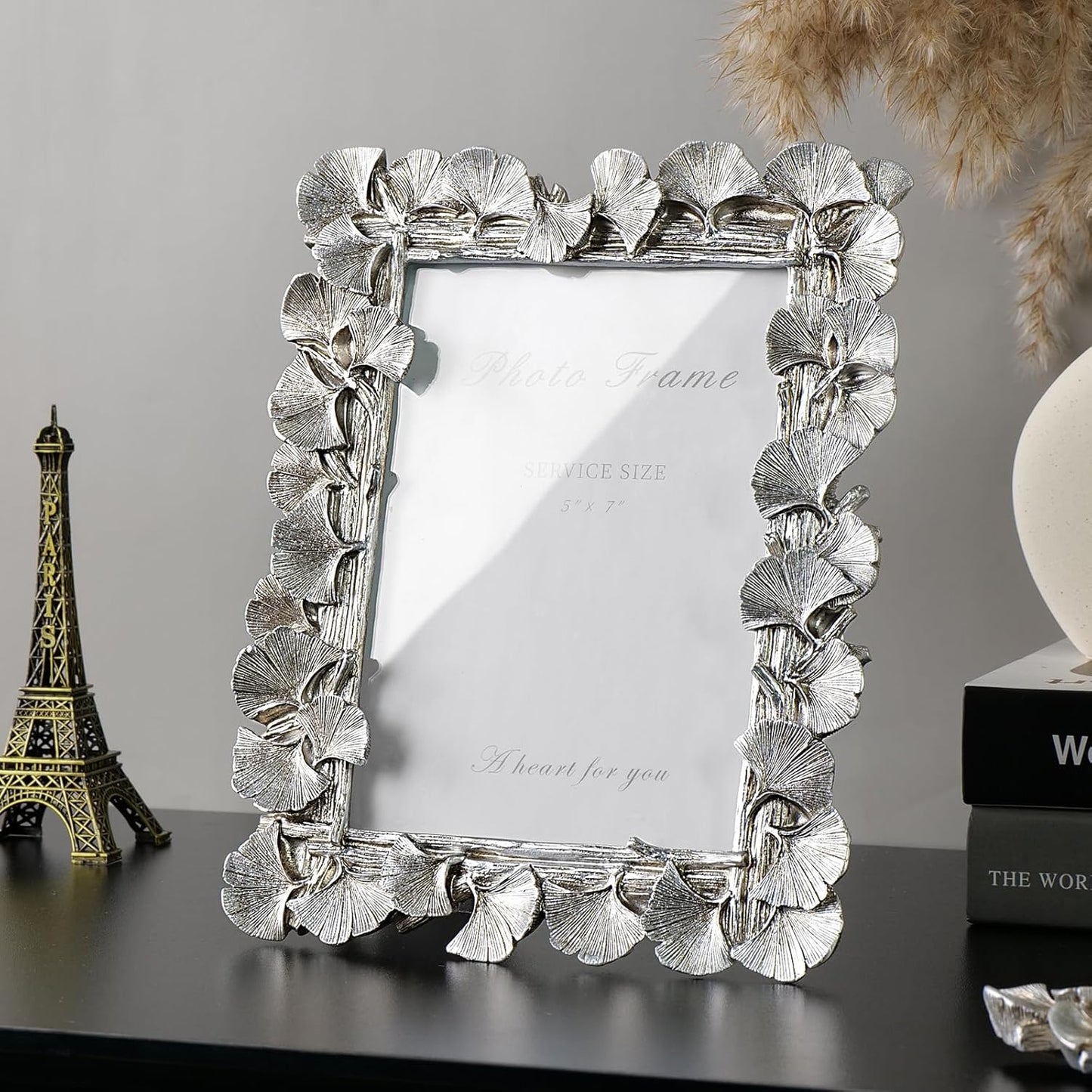 Cuspin Silver 5x7 Picture Frame, Vintage Silver Ornate Leaf Textured Hand-Crafted Resin Frames with Glass Front, Antique Photo Frame for Tabletop Display, Retro Design Home Decor