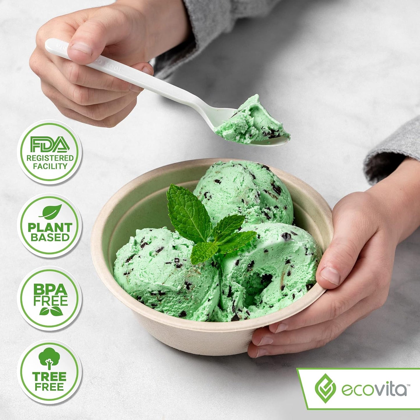 Ecovita 100% Compostable Spoons - 500 Large Disposable Utensils (6.5 in.) Bulk Size Eco Friendly Durable and Heat Resistant Alternative to Plastic Spoons with Convenient Tray