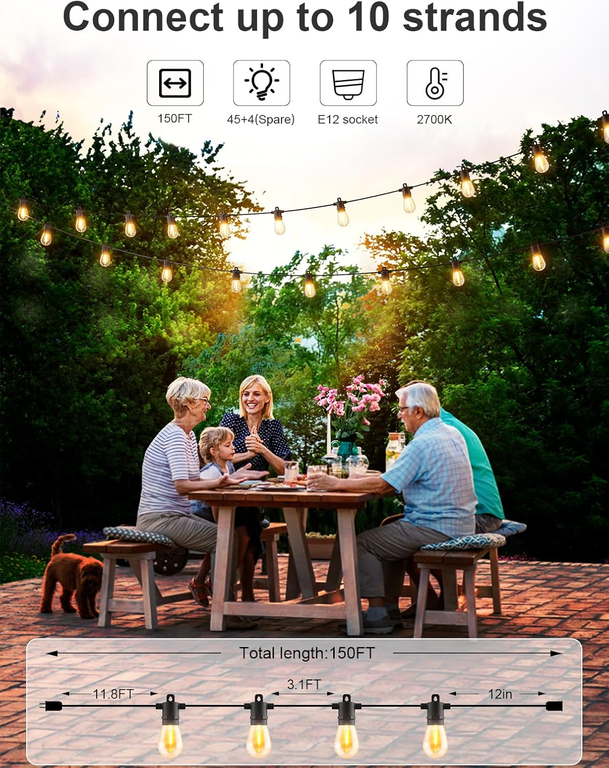 Svater Outdoor String Lights 150 FT, Patio Lights for Outside with Shatterproof Bulbs, IP65 Waterproof Commercial Grade LED Hanging Light for Backyard Bistro Market Cafe, Black