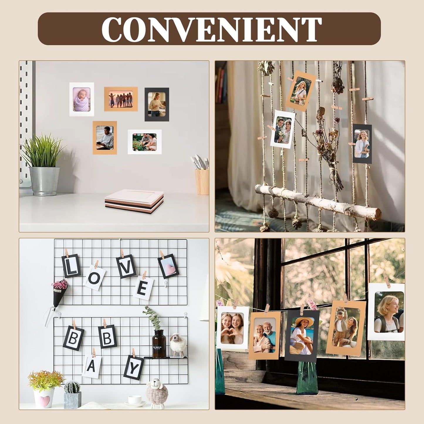 100 Pack Paper Picture Frames, 4x6 Inch Photo Strip Frame Hanging Photo Display Banner, 3 Colors Photo Holder with Wooden Clips and String for Wall Decor and Party Supplies