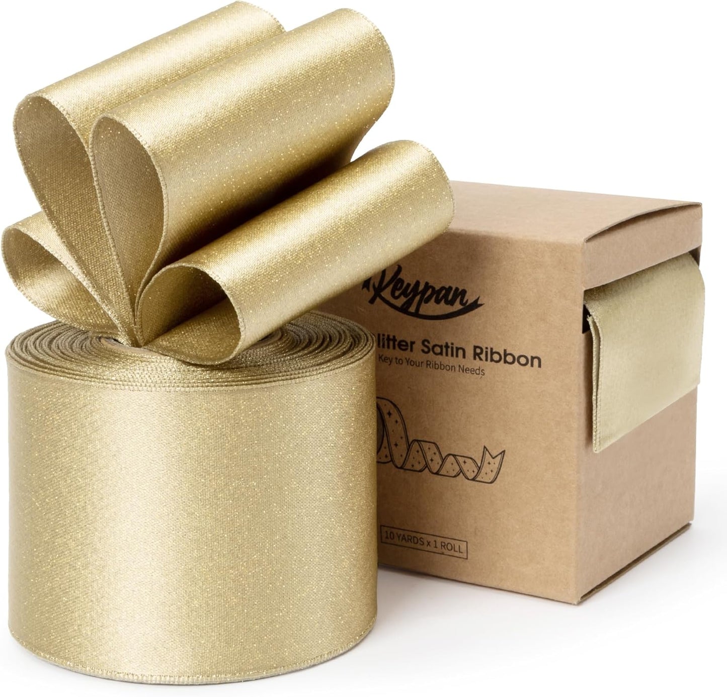 Gold Satin Wired Ribbon 2-1/2 Inch Double-Faced Glitter Ribbons for Wreath, Christmas Tree Decoration, Gift Wrapping, Home Decor 10 Yards