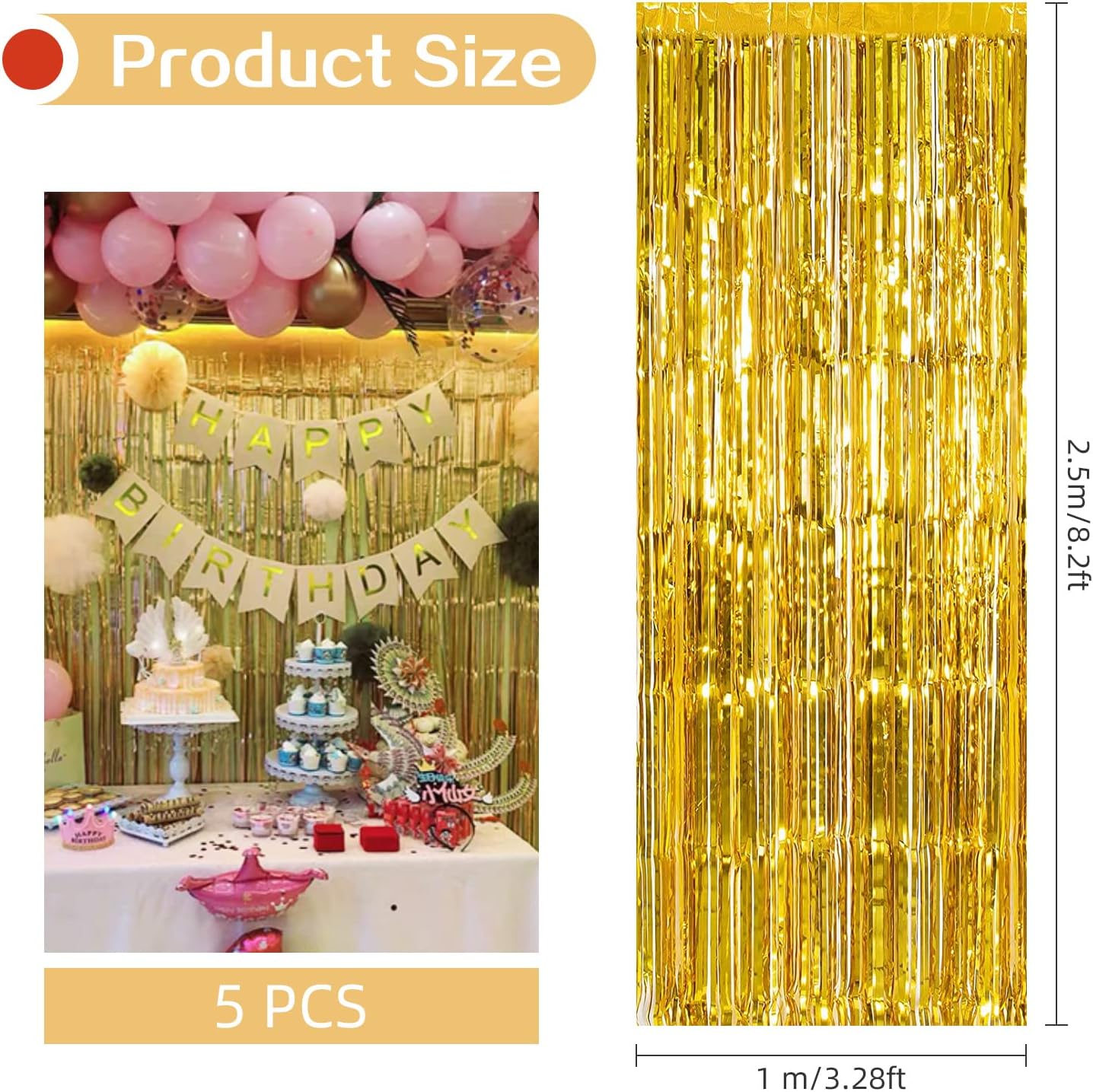 5 Pack Gold Fringe Backdrop 3.2ft x 8.2ft Foil Curtain Tinsel Foil Fringe Curtains Backdrop Tinsel Backdrop Streamers for Birthday Curtain Party Decoration Wedding Christmas Decoration (Gold)