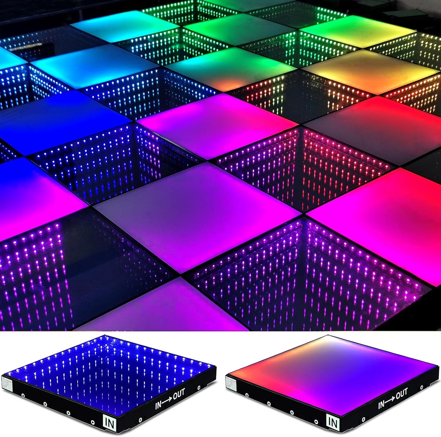 Dance Floor Stage Lights Tempered Glass Infinity Mirror Panel 3D Effect Led Dance Floor for Wedding Party Customizable (3D+RGB-Magnetic, 36PCS(9.8FTX9.8FT))