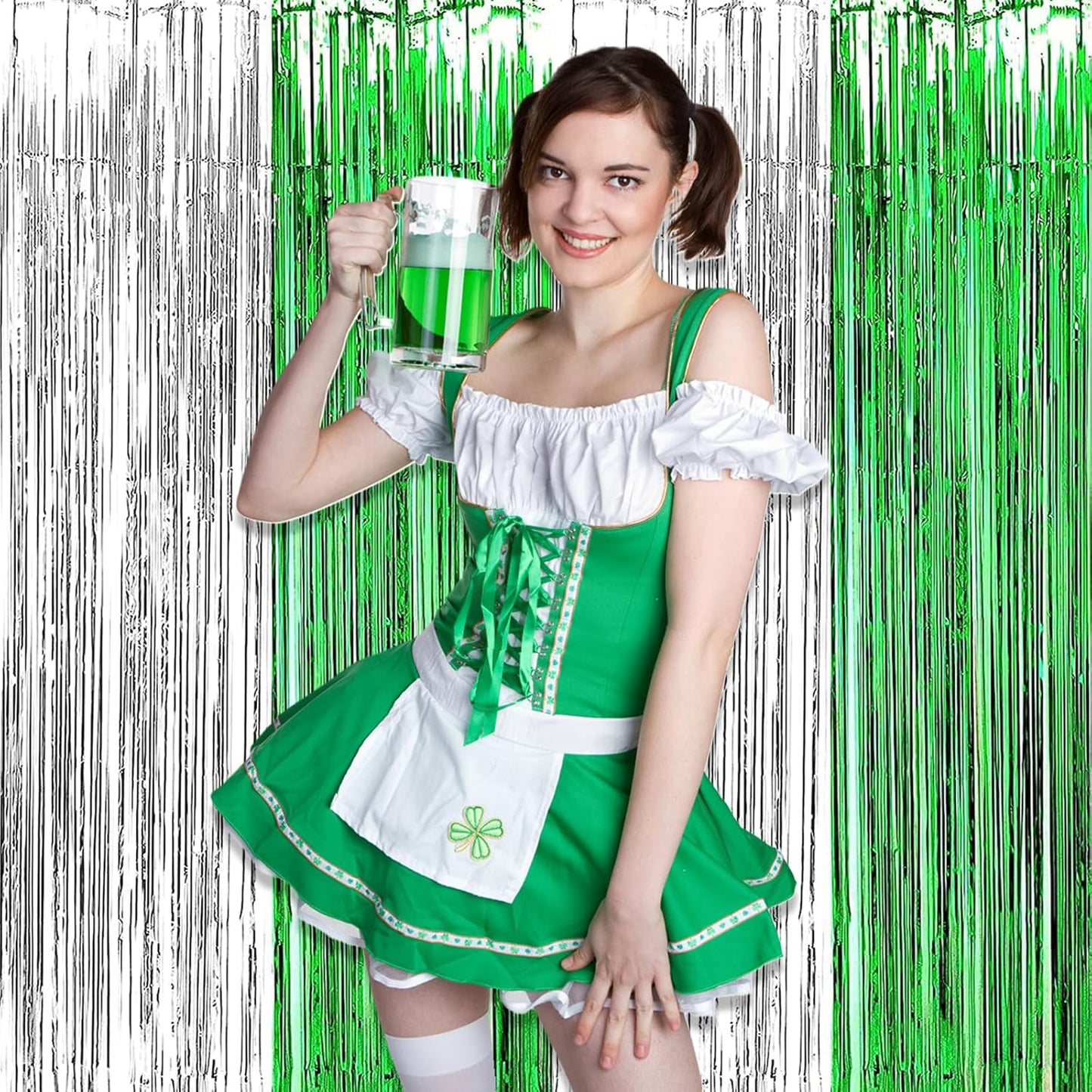 3 Pack Silver Green Foil Fringe Curtain Backdrop, 3.28Ft x 8.2Ft Metallic Tinsel Foil Fringe Streamer Curtains for Photo Booth, Christmas Day, Thanksgiving, Wedding, New Year Party Decorations