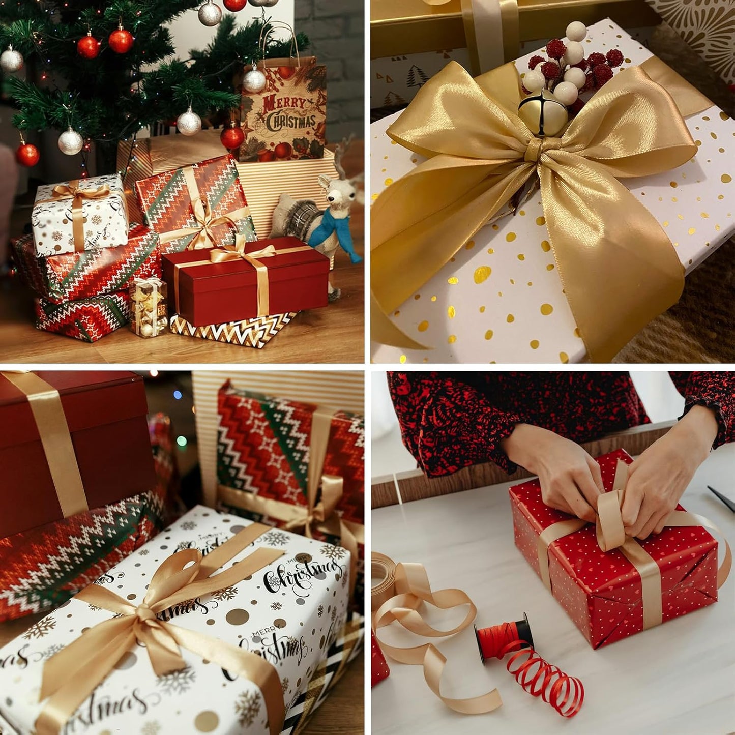 3/8 Inch Gold Satin Ribbon 230 Yards Bulk Fabric Ribbons for Gift Wrapping, Scrapbooking, Crafts and DIY Projects, Wedding, Event Decor