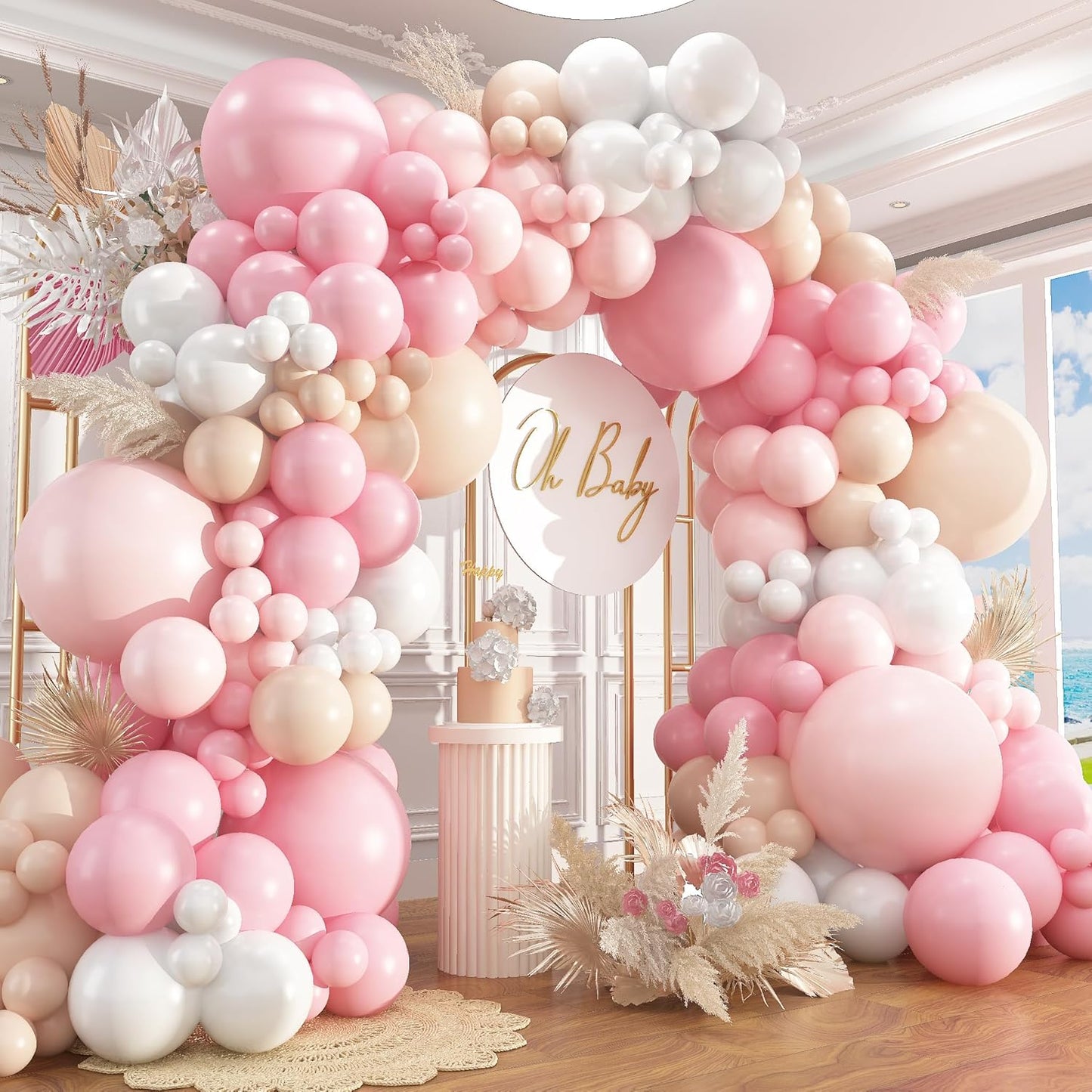 412Pcs Pink Balloon Arch Garland Kit,18 12 10 5 Inch Pink White Balloon Arch Garland Kit Include Nude Balloons for Birthday Shower Princess Theme Party Wedding Decorations