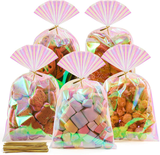 SUREHOME Cellophane Bags, 100 Pcs 6x10 Inches Clear Treat Bags with Ties Plastic Gift Bag Holographic Iridescent Pink Goodie Bag for Party Favors Wedding Candy Valentine Snack Popcorn Cookies Packing