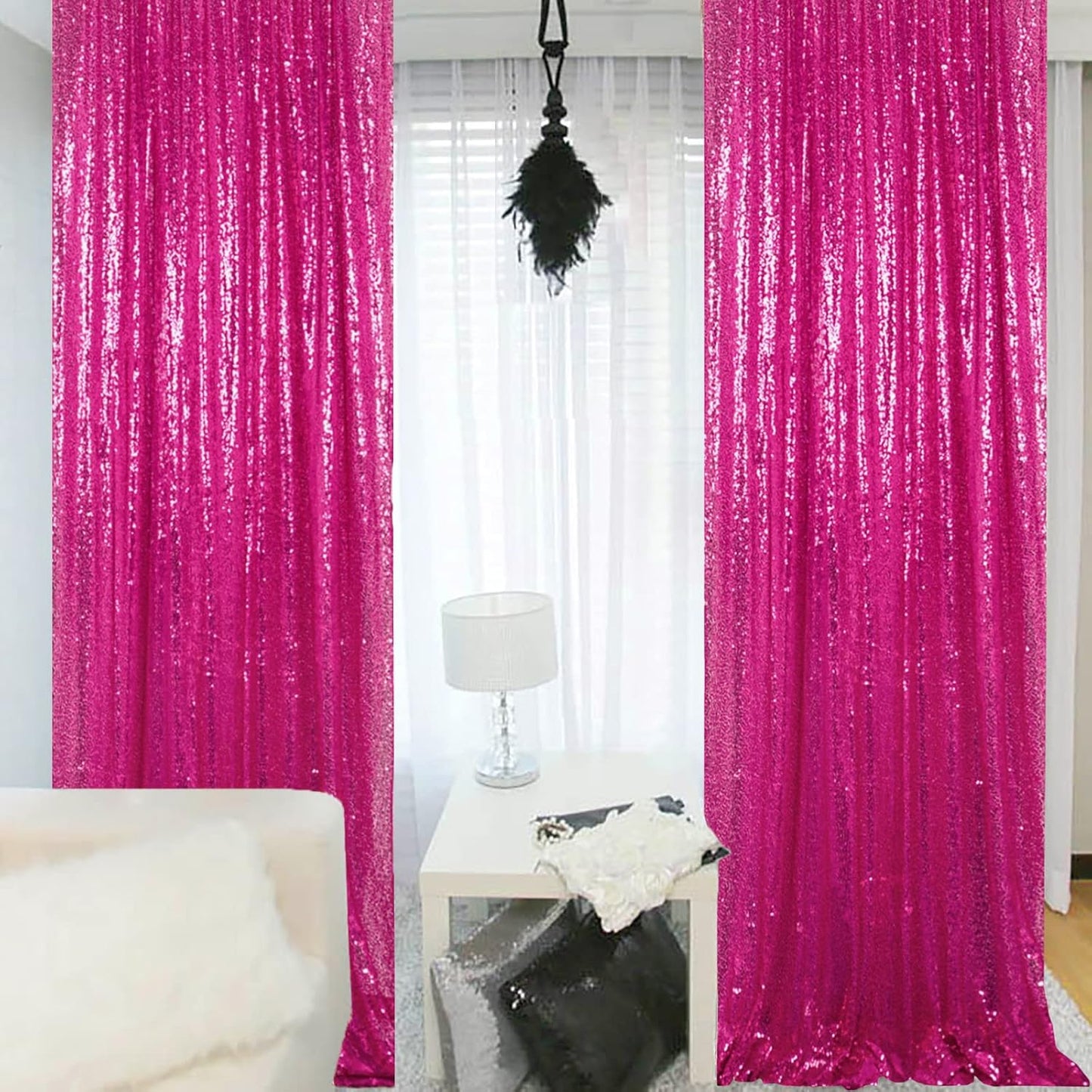 ShinyBeauty Hot Pink Sequin Glitter Photography Backdrop Curtain 4ft x10ft - 4-Panel Reusable Party Wedding Birthday Photo Booth Background Decor (Sparkling Event Backdrop)