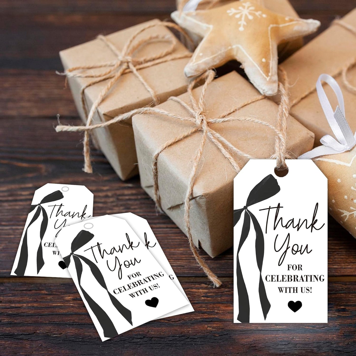 Thank You Gift Tags with String, 2x3.5 Inch Thank You for Celebrating with Us Tag, Black Bow Print, Gift Label for Birthday Party Baby Bridal Shower Wedding Favor-A15