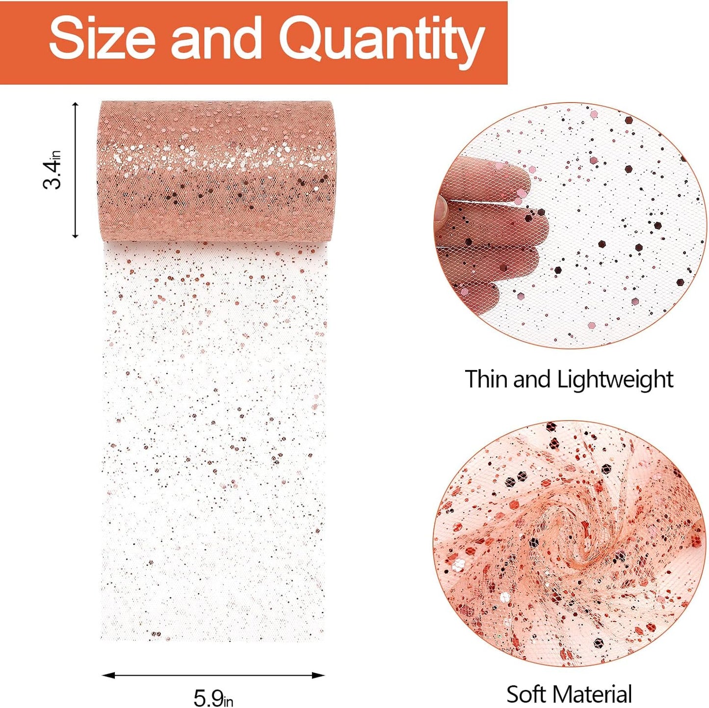 Glitter Tulle Rolls, 6” by 50 Yards (150FT) Sparkling Tulle Spool Ribbon Sequin Tulle Netting Fabric for Tutu Skirt Wedding Birthday Baby Shower (Rose Gold)