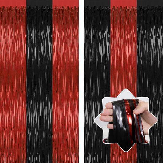 2 Pack Backdrop Curtains,3.28 Ft x 6.56 FT Red Black Halloween Backdrop,Metallic Party Streamer Tinsel Backdrop,Foil Curtains Backdrops Halloween Decorations Party Supplies