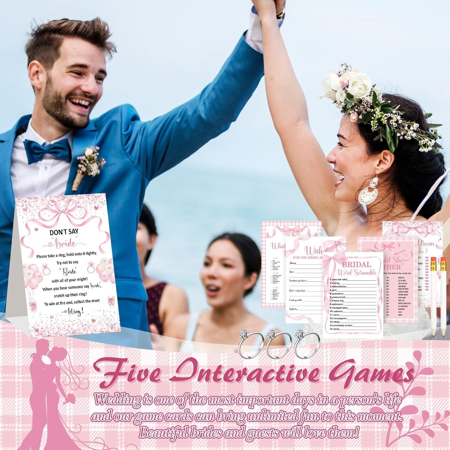 Estune 331 Pcs Bridal Shower Games Supplies, 5 Sets 250 Pcs Wedding Cards 1 Put a Ring on It Bridal Shower Games with 60 Rings and 20 Pencils (Coquette Pink Bow)