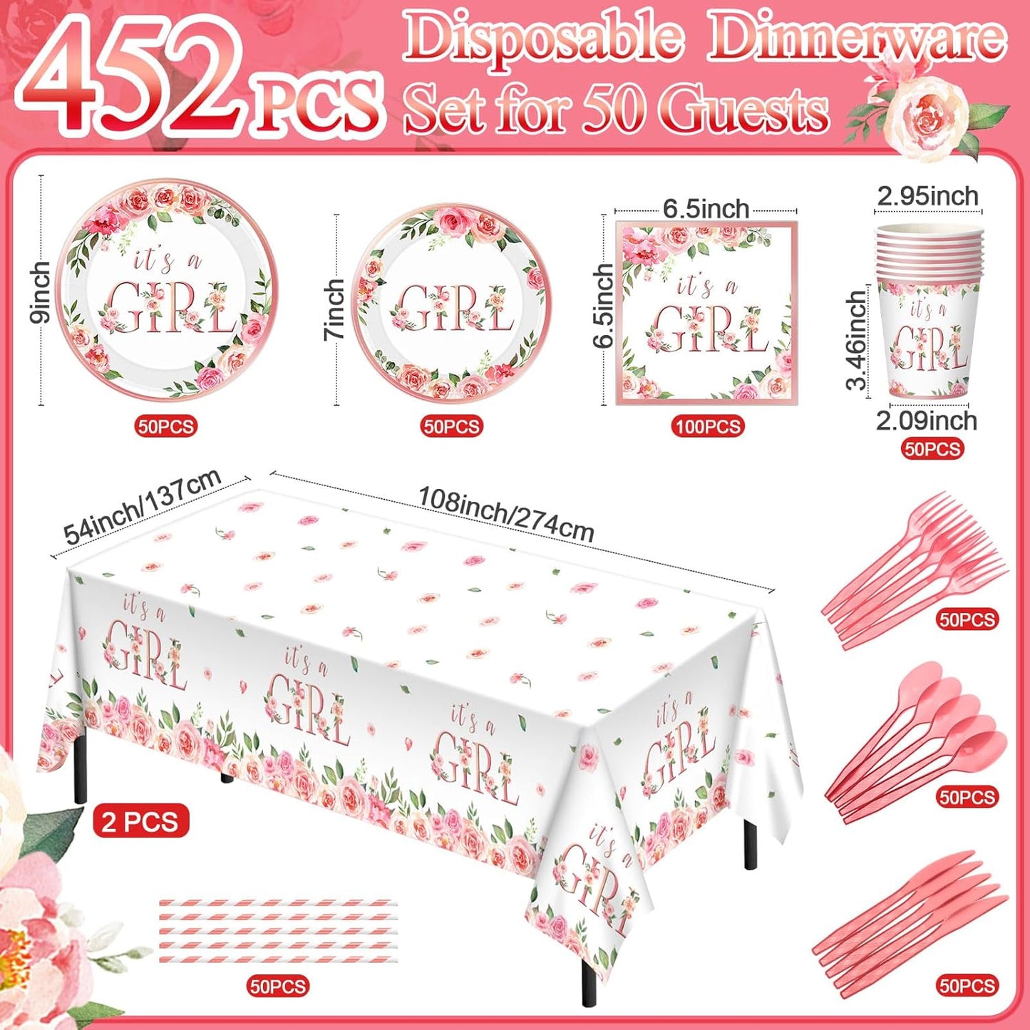 452 Pcs Pink Floral Baby Shower Party Supplies Include It's a Girl Baby Shower Paper Plates Cups Napkins Tablecloth Cutlery Straws for Pink Flower Girl Gender Reveal Birthday Party