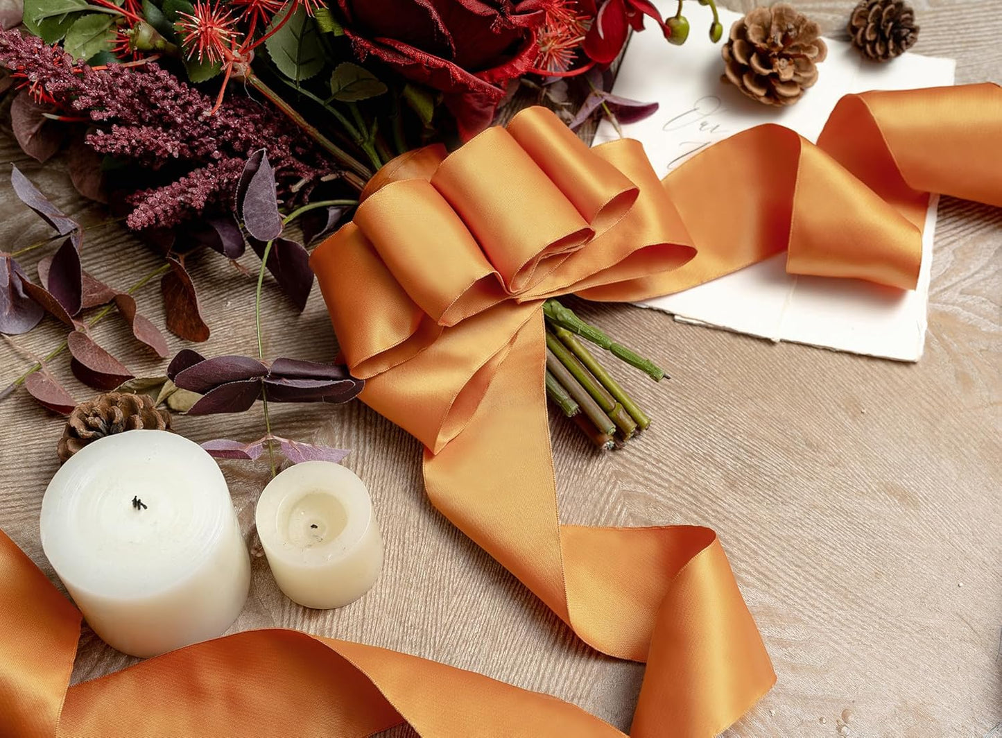 Orange Satin Ribbon Double-Faced Wired Ribbons for Gift Wrapping Flower Bouquet Bows Wedding Invitation Christmas Decor Crafts 2-1/2 Inch 10 Yards