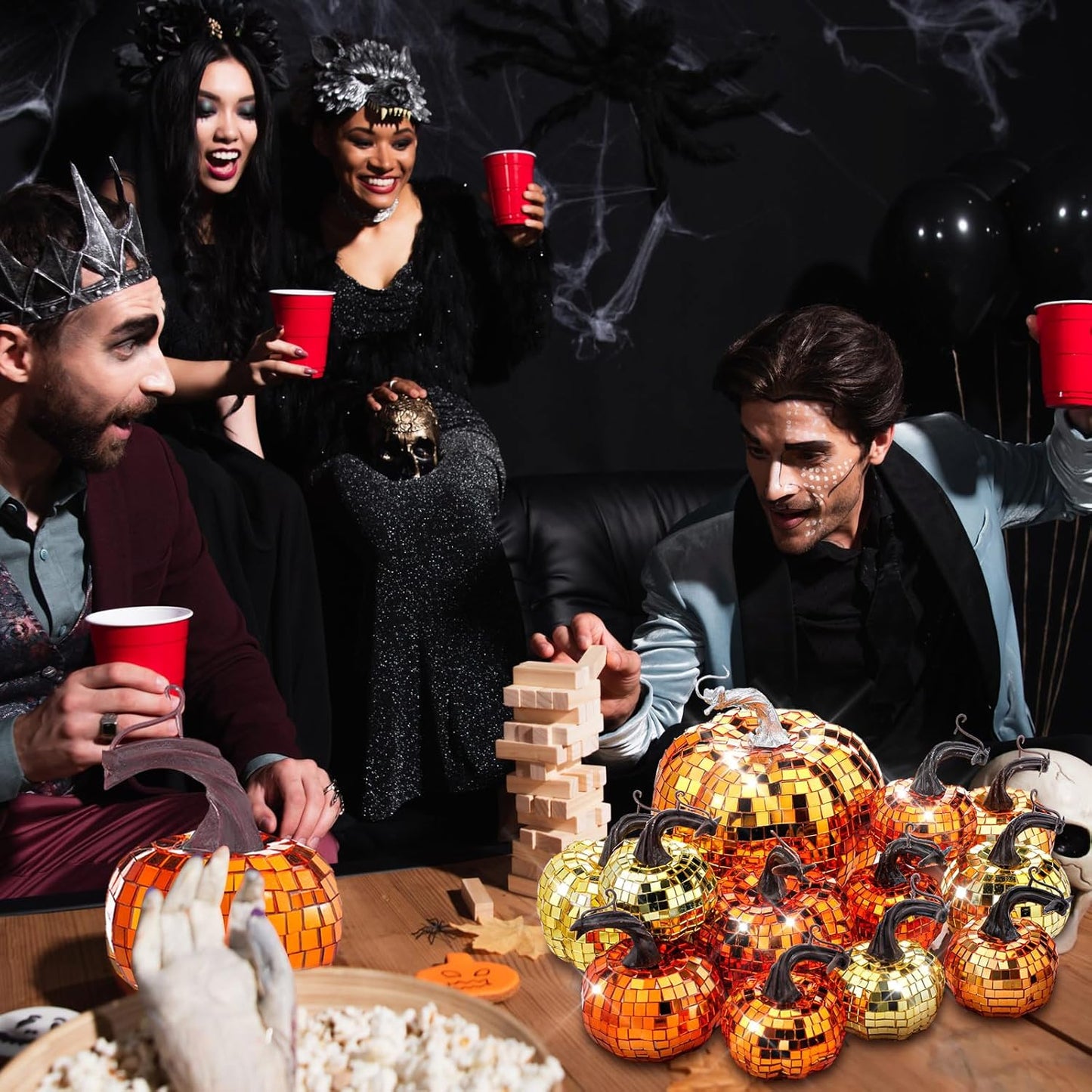 Lenwen 12 Pcs Artificial Disco Pumpkin Glitter Mirror Pumpkin for Decorating Fall Farmhouse Hanging Ornament Harvest Decor for Halloween Thanksgiving Table Centerpiece(Orange, Gold, Dark Gold)