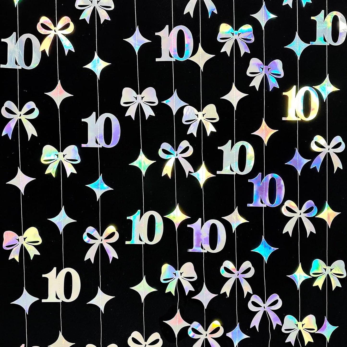 Iridescent 10th Bow Birthday Decorations Glitter Conquette Bow Garland Streamer Banner Backdrop for Girls Boys Happy 10th Birthday Double Digits Cheers to 10 Years Old Anniversary Party Supplies
