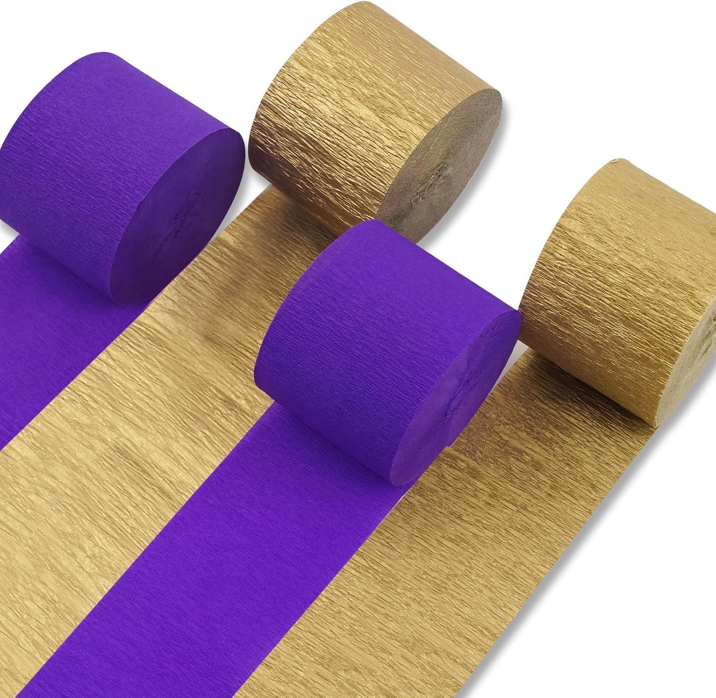 PartyWoo Purple and Gold Crepe Paper Streamers 4pcs 328ft Pack of Metallic Gold Dark Purple Crepe Paper Streamers for Birthday Wedding Gender Reveal Baby Shower Princess Mardi Gras Party Decorations