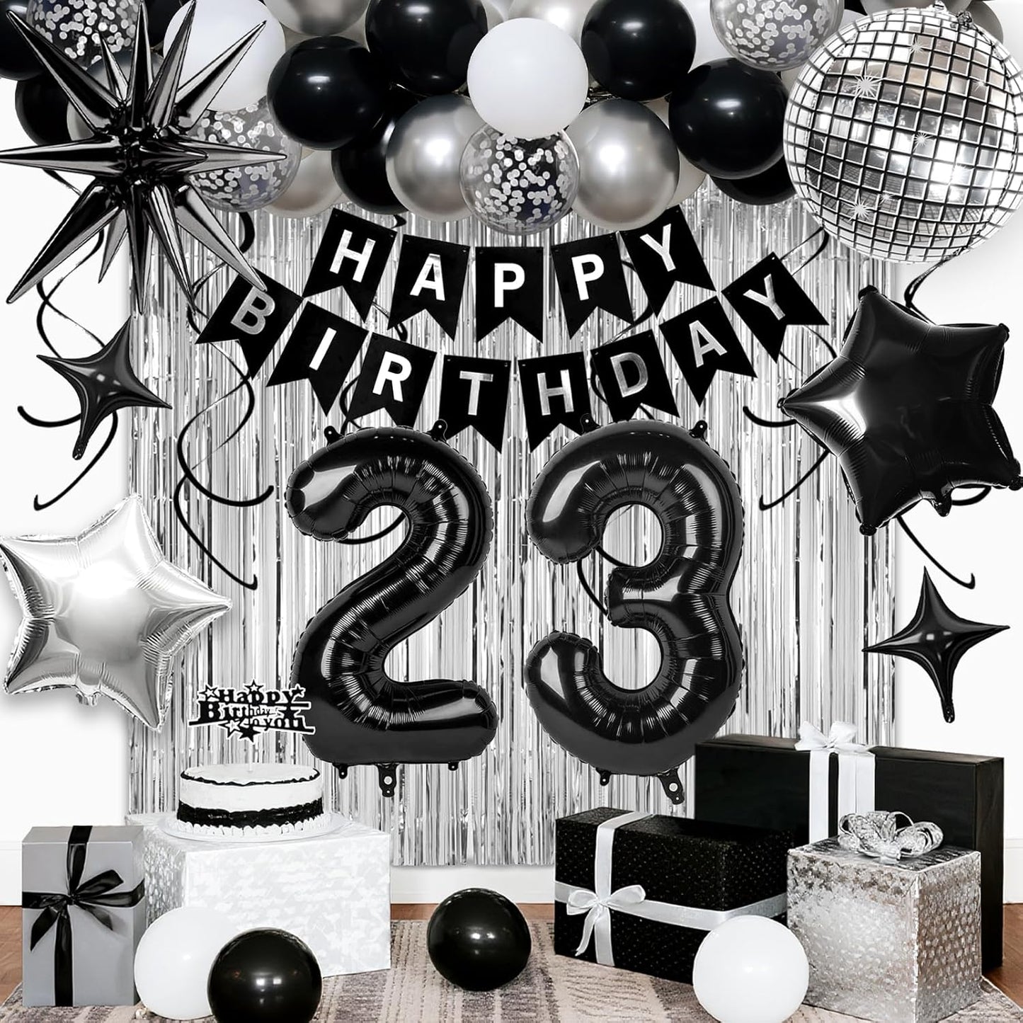 23rd Birthday Decorations for Men Women, Black Silver Happy Birthday Party Decorations， 23 Year Old Party Supplies with Number 23 Balloons, Banner, Fringe Curtains Kit
