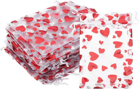 PATIKIL 50 Pcs 4x6 Inch Heart Printed Organza Bags, Red Sheer Heart Organza Bags with Drawstring for Festival Candy Jewelry Party Wedding Favor Gift