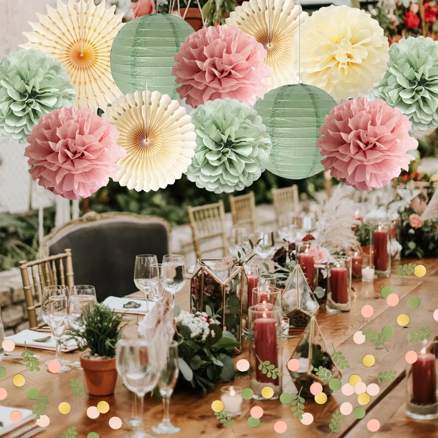 Dusty Pink and Sage Green Party Decorations Dusty Rose Sage Green Tissue Pom Poms Paper Lanterns Confetti Dots Scatter Table Decoration for Women Girls Birthday Party Wedding Baby Shower Engagement