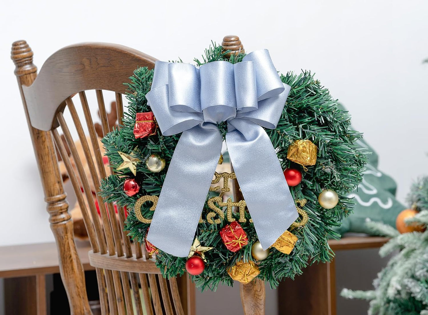 Light Blue Satin Wired Ribbon 2-1/2 Inch Double-Faced Sliver Glitter Christmas Ribbons for Wreath, Tree Decoration, Gift Wrapping, Home Decor 10 Yards