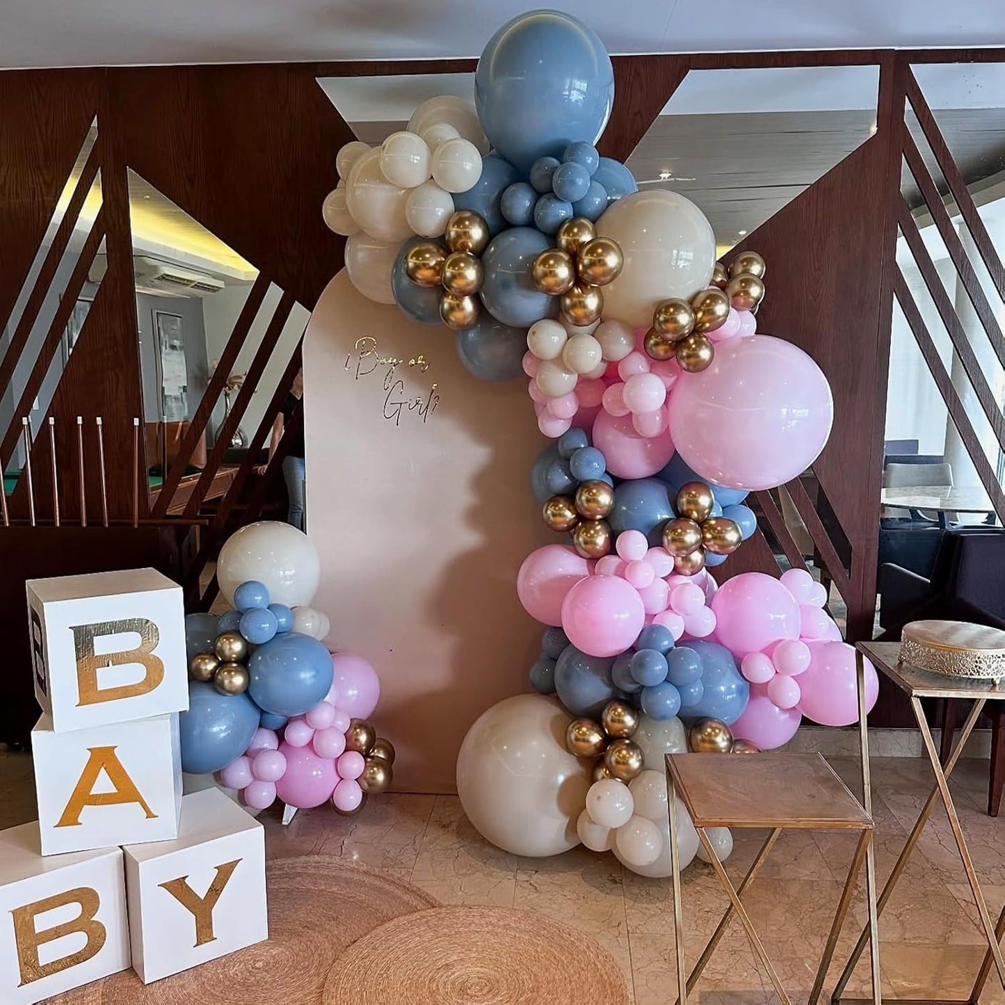 Gender Reveal Balloons, 60 Pcs 12 Inch Dusty Blue Pink Balloons, Chrome Gold Sand White Balloon for Boho Gender Reveal Engagement Bachelorette Birthday Baby Shower Bridal Bear Theme Party Decorations