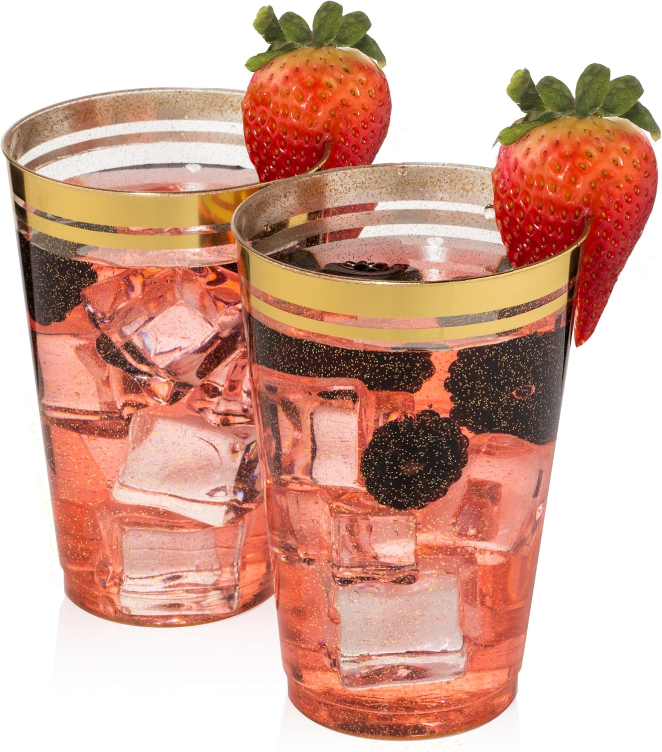 Perfect Settings 100 Premium 14oz Hard Plastic Cups Clear Glitter Gold Plastic Double Line Rimmed Cups Fancy Disposable Wedding Cups Elegant Party Cups with Twin Colored Rim (Glitter Gold Rim, 14)