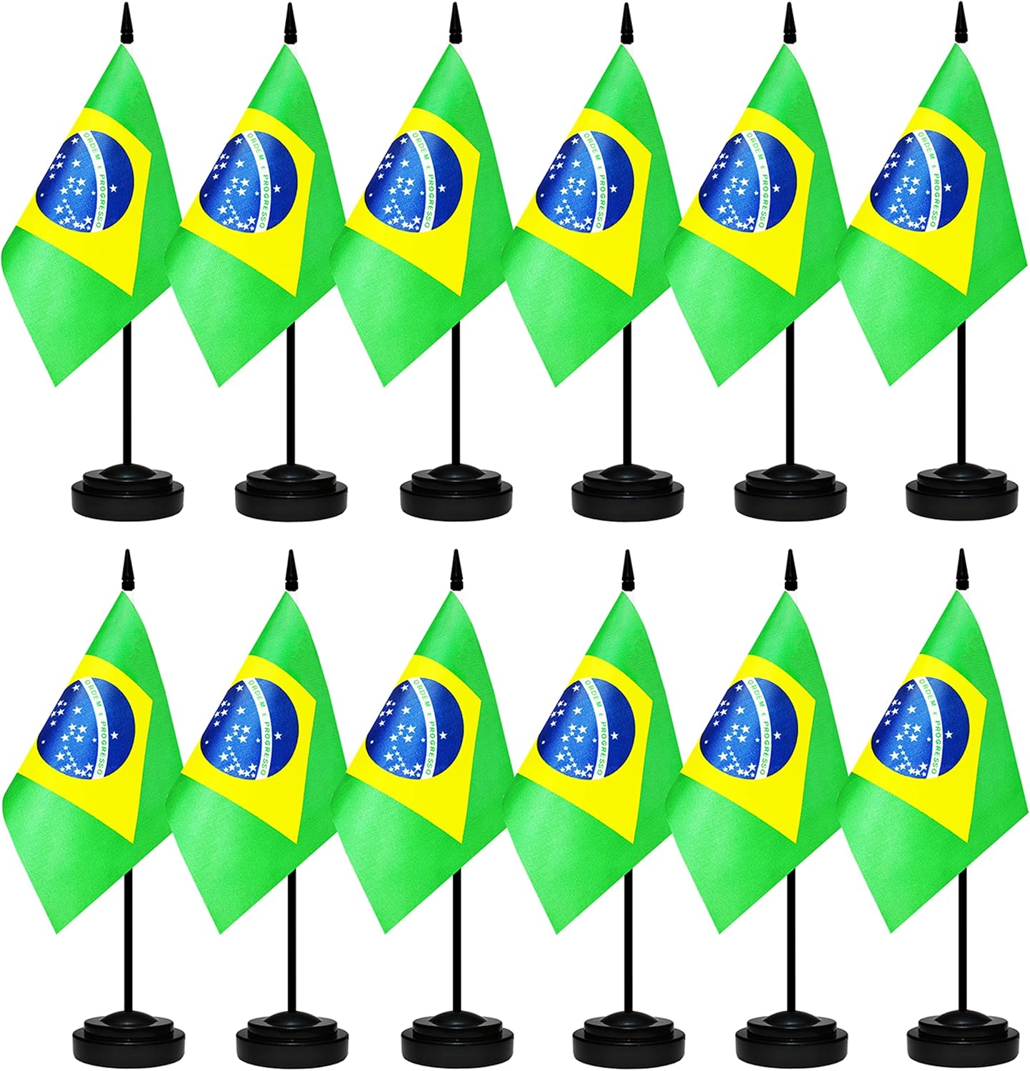 12 Pack Brazil Desk Flags Set, Brazilian Small Mini Table Office Flags with 12" Solid Black Pole, 8.2 x 5.5 Inches, Home and Office Decoration, Festival Celebrations