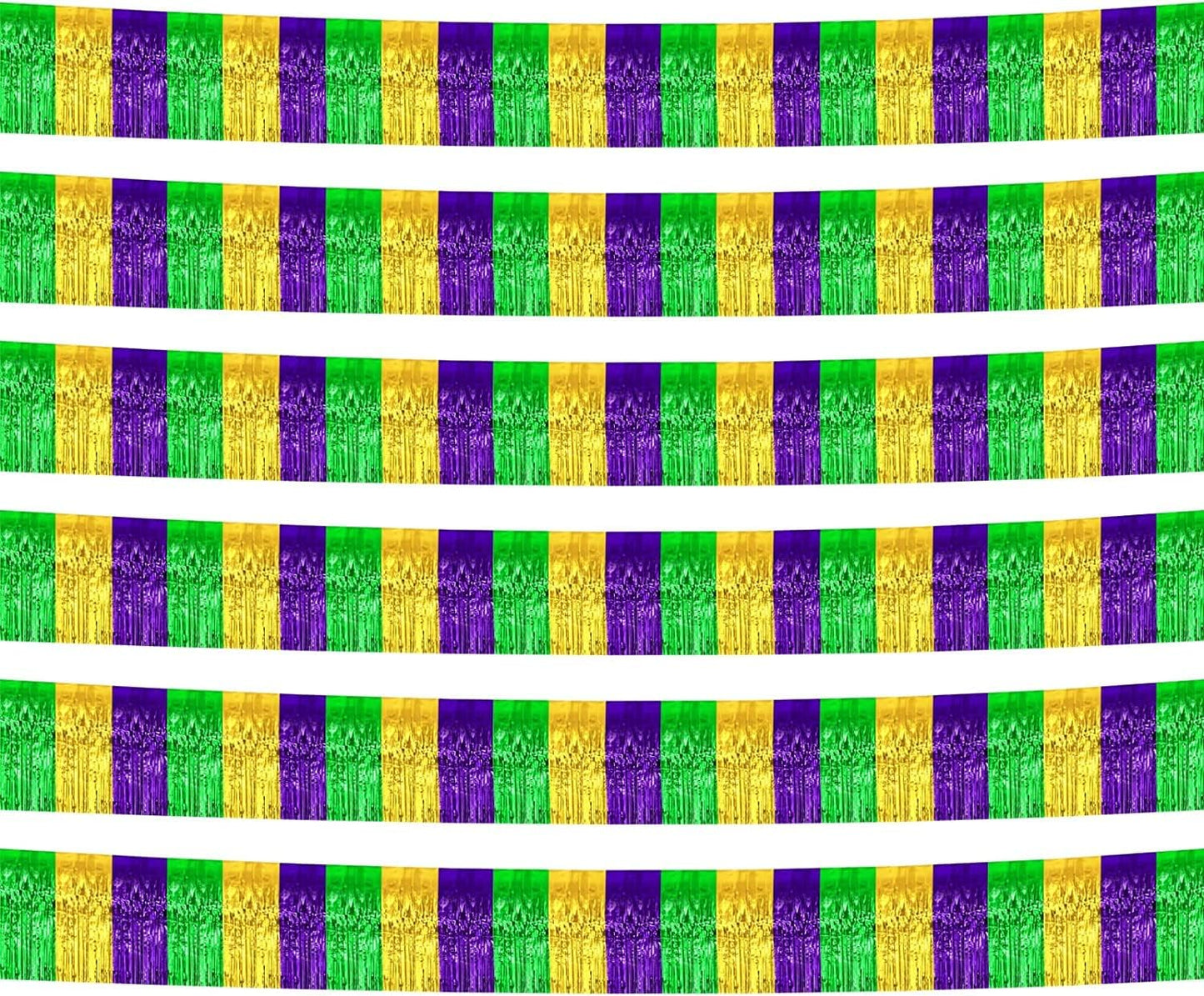 6 Pack 10 Feet Mardi Gras Foil Fringe Garland Metallic Tinsel Streamers Banner Wall Hanging Backdrop Banner for Parade Floats, Valentine's Day, Wedding, Birthday Party Decorations Gold Green Purple