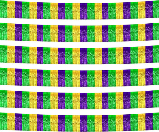 6 Pack 10 Feet Mardi Gras Foil Fringe Garland Metallic Tinsel Streamers Banner Wall Hanging Backdrop Banner for Parade Floats, Valentine's Day, Wedding, Birthday Party Decorations Gold Green Purple