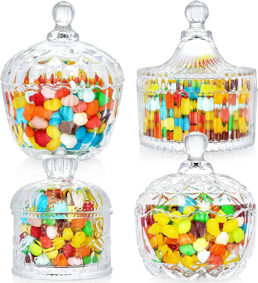 INFTYLE Glass Candy Dish with Lid Set of 4 Crystal Glass Candy Jar Jewelry Box Dappen Dish Cookie Jar for decorative storage gift idea (4pcs Clear)…