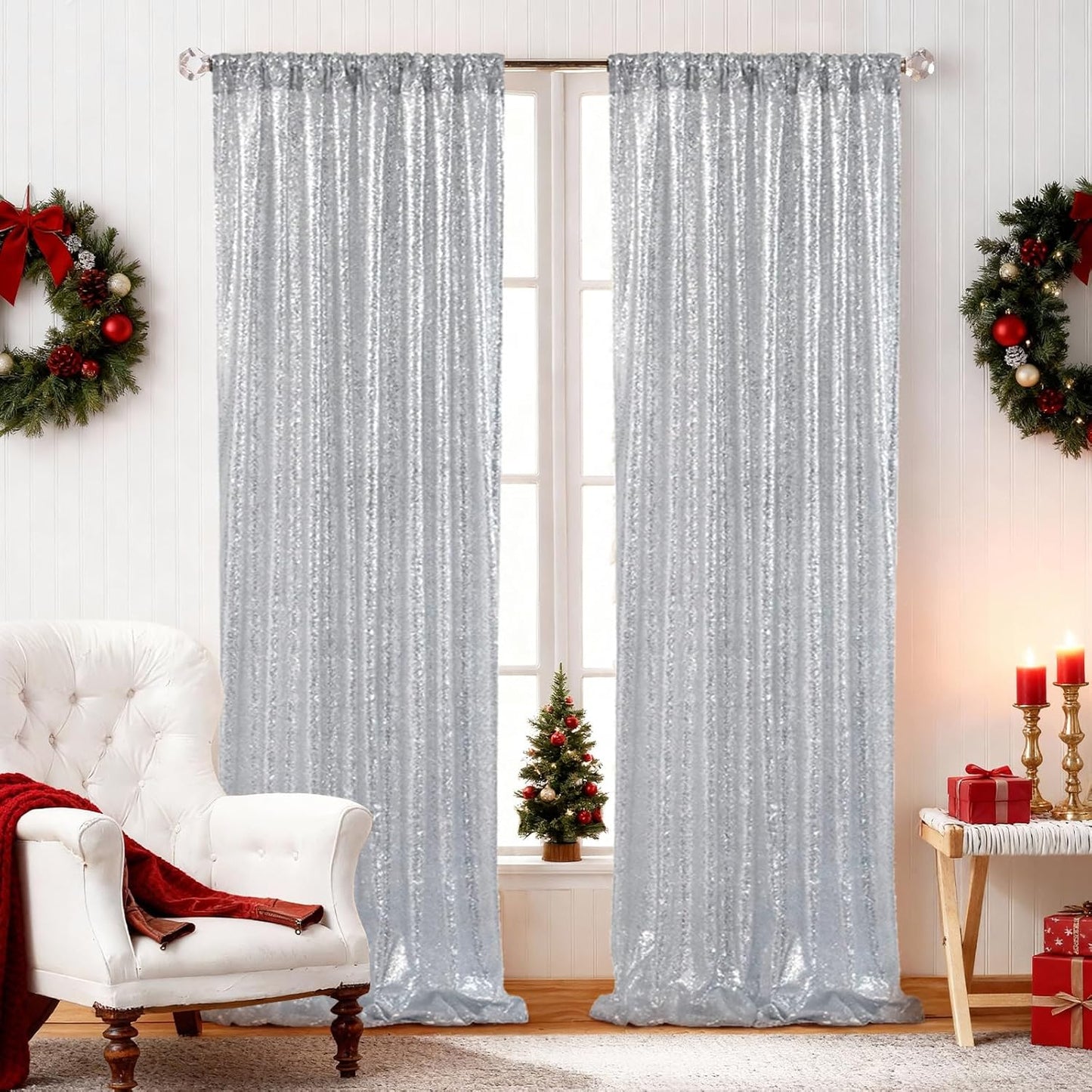 SquarePie Sequin Backdrop Non-Transparent Background Sparkly Curtain for Wedding Party 2FT x 8FT Silver 2pcs