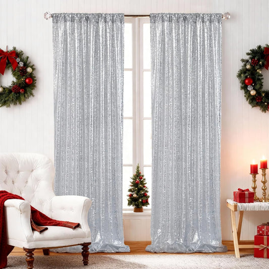 SquarePie Sequin Backdrop Non-Transparent Background Sparkly Curtain for Wedding Party 2FT x 8FT Silver 2pcs