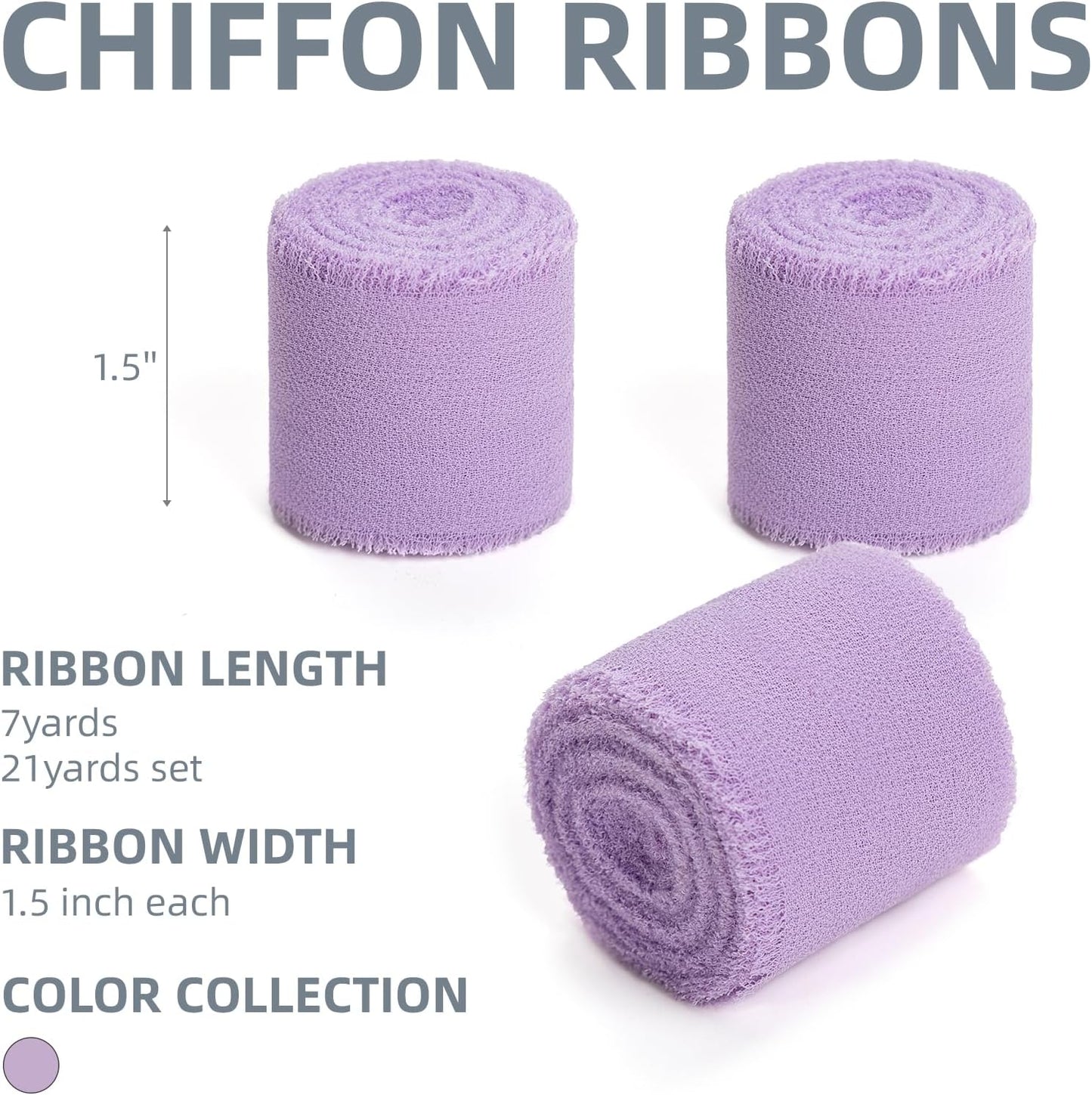 Purple Lavender Handmade Chiffon Ribbon,1.5" x 21Yd Frayed Silk Ribbons for Wreaths Bridal Flower Bouquet Christmas Gift Wrapping Wedding Decor Invitations Decorations (7Yards X 3 Rolls)