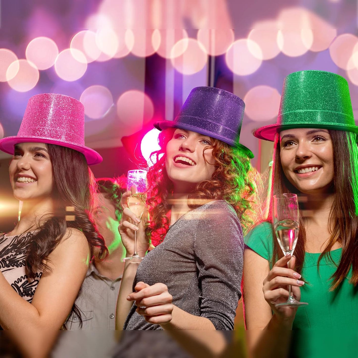 Handepo 12 Pack Bright Glitter Top Hat Mini Fun Party Hats for Adults Halloween Christmas Party Decoration Plastic Assorted Colors for New Years Dress Accessories