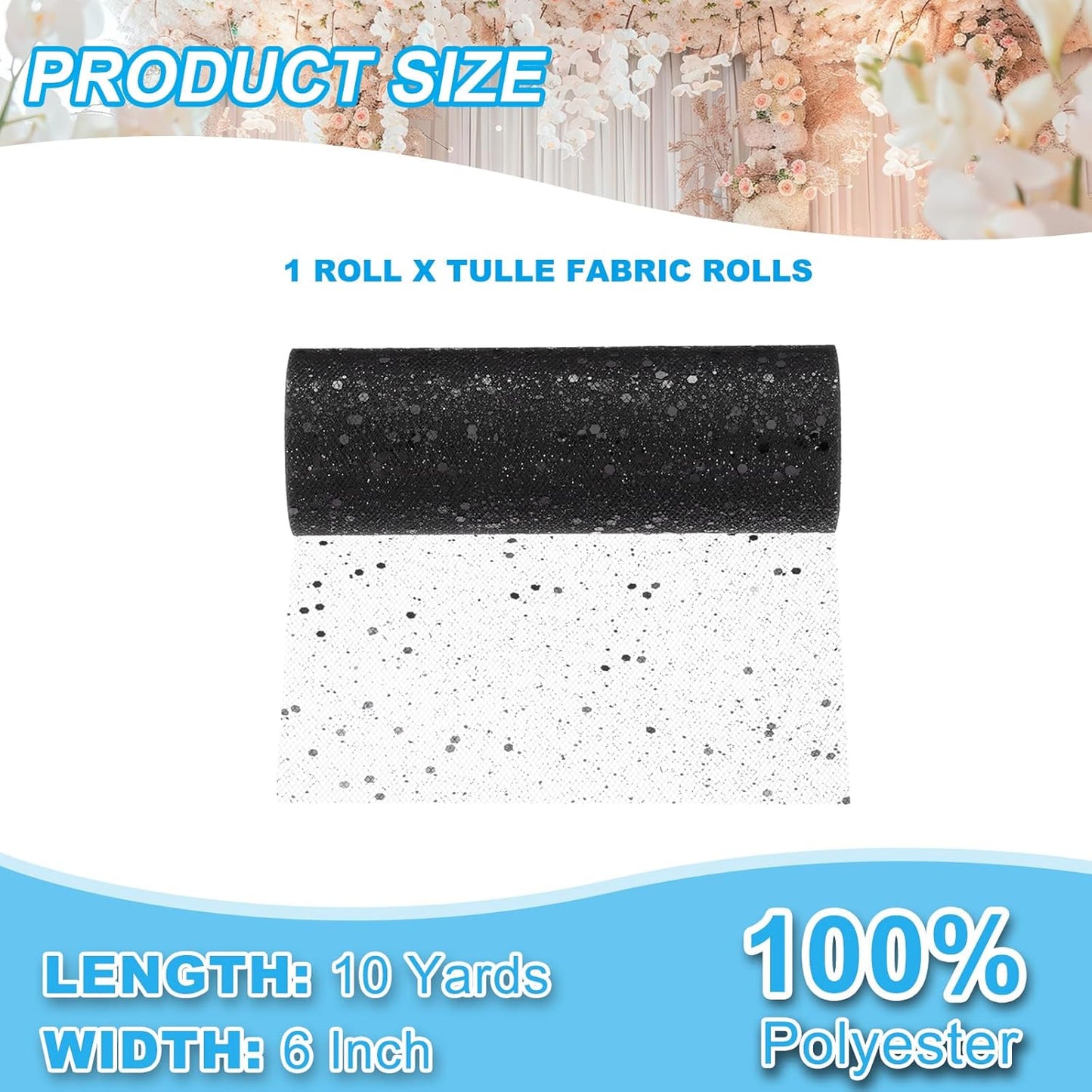 PATIKIL Tulle Fabric Rolls, 6 Inch by 10 Yards Fabric Spool Tulle Sparkling Ribbon Netting Sequin for DIY Tutu Skirts Crafts Wedding Party Decorations, Black
