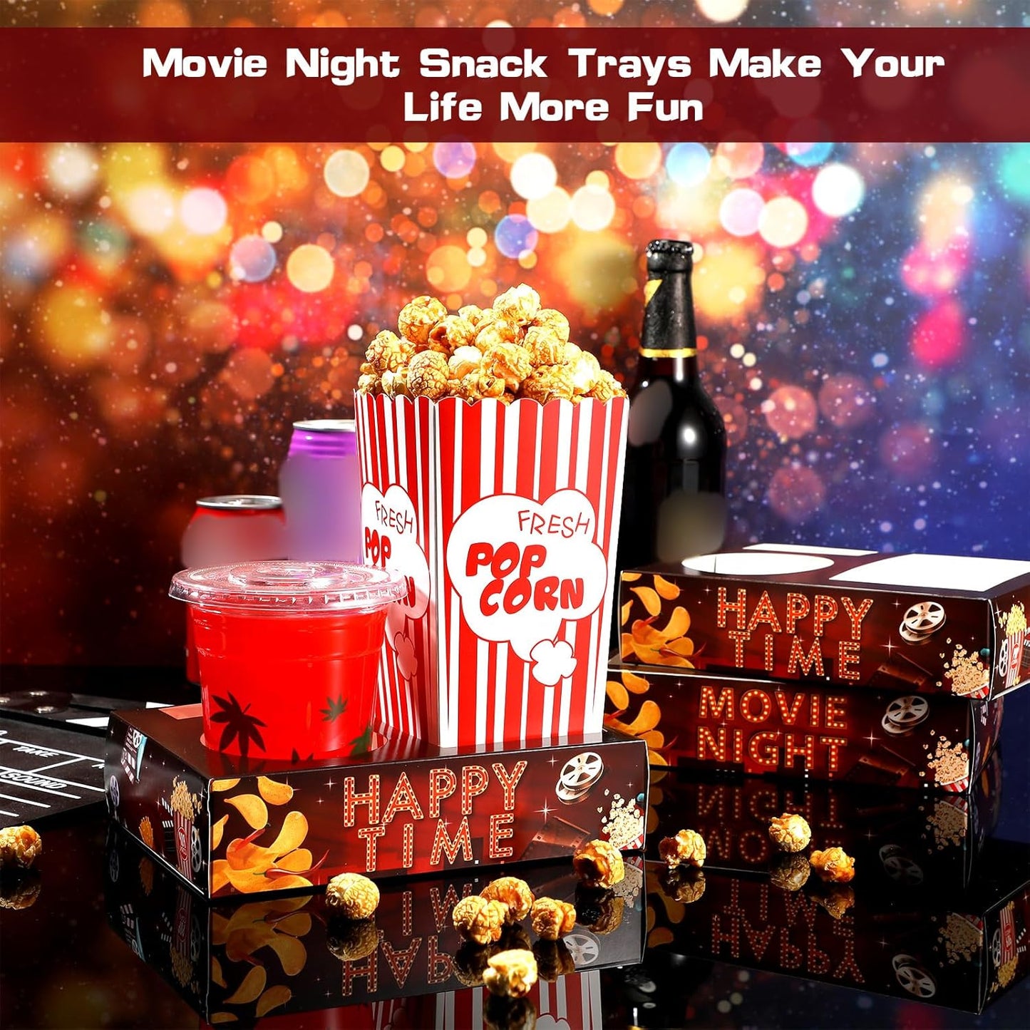 Faccito 36 Pcs Movie Night Snack Trays Movie Theater Snack Boxes Night Supply Disposable Paper Holder Tray for Popcorn Food Candy Drink Party 8 x 6 Inch(Dark Red,Retro Style)