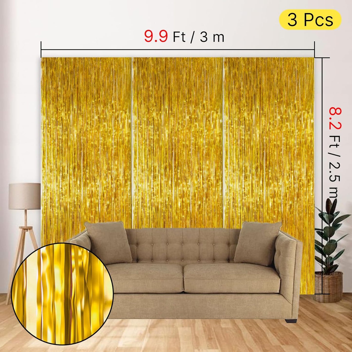 PartyWoo Gold Streamers Curtain Backdrop 3pcs Foil Fringe Curtain 8.2FT Gold Tinsel Fringe Backdrop Photo Booth for Bachelorette Baby Shower Graduation Wedding Birthday Anniversary Party Decorations