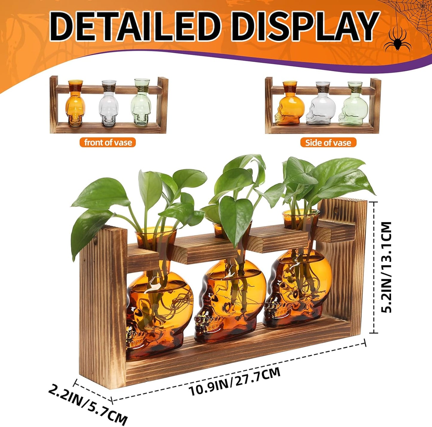 Plant Terrarium Propagation Stations Hydroponics Halloween Skull Planter Vase Skulls Decor with Wooden Stand Gift for Father