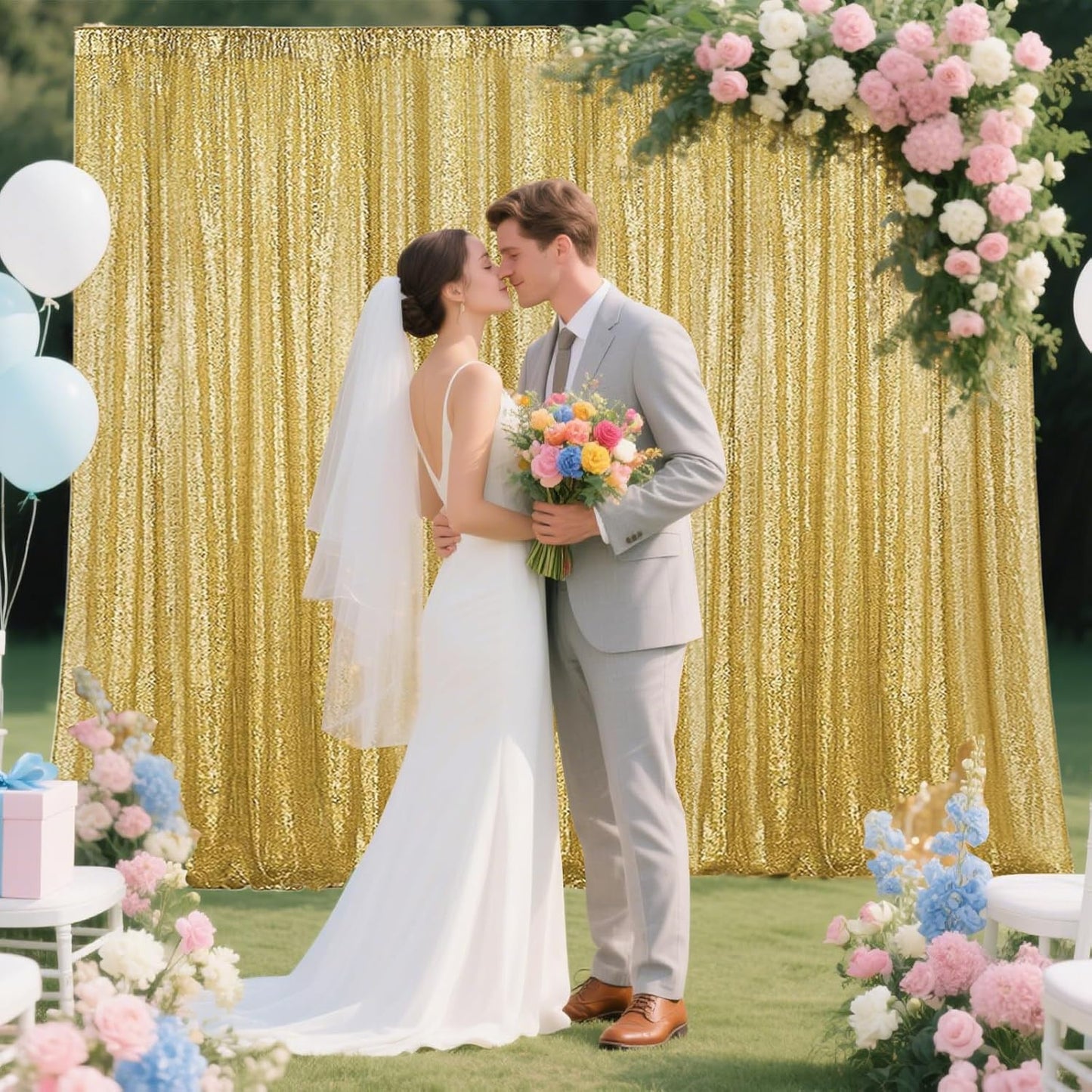 Gold Sequin Backdrop Curtain 2 Panels 2FTx8FT Glitter Photography Backdrop for Party Wedding Birthday Christmas Decorations