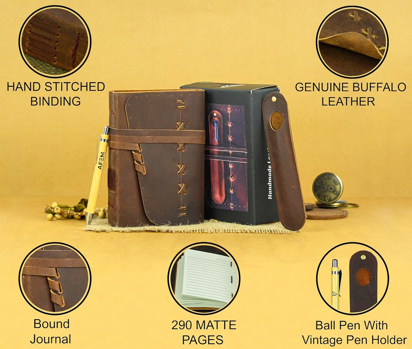 Leather Journal Notebook for Men & Women Daily Vintage Leather Bound Journal Travel Notebook 290 Lined Paper Diary Writing Journal Travelers Scrapbook Poetry Sketchbook Small Leather Gifts with Pen