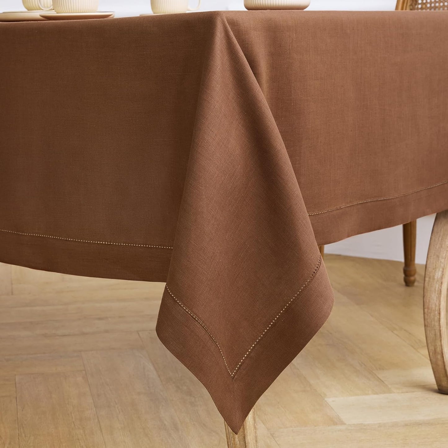 Solino Home Linen Tablecloth 60 x 108 Inch - Classic Hemstitch 100% Pure Linen Brown Table Cloth for Rectangle Tables - Machine Washable Tablecloth for Fall, Autumn, Thanksgiving