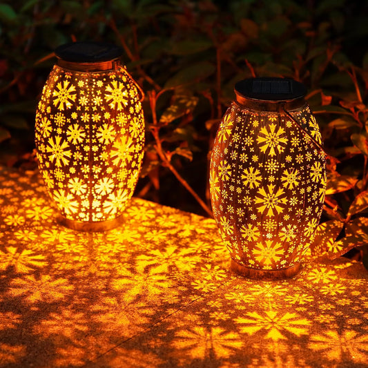 Solar Lanterns Outdoor Waterproof - 2 Pack Hanging Solar Lights Outdoor, Halloween Decorative Retro Metal Lanterns with Handles for Yard, Patio, Tabletop, Pathway, Gardening Gifts for Women Men