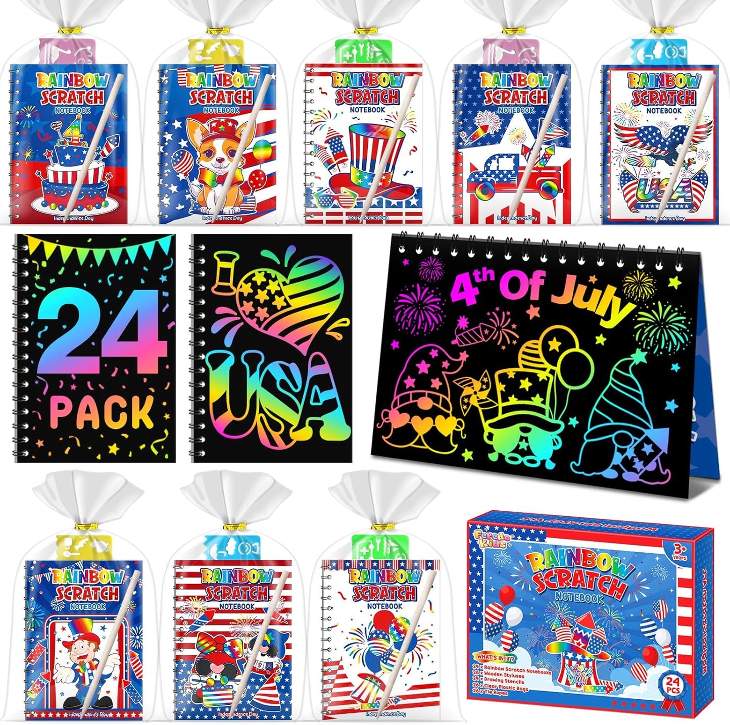 Party Favors for Kids: 24 Pack 4th of July Rainbow Scratch Art Notebook Classroom Supplies Bulk for Girls Boys Goodie Bags Stuffers, Independence Day Party Gift Kid Crafts