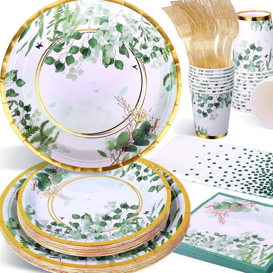 Sage Green Party Decoration, 126PCS Sage-Green Plates and Napkins Party Supplies, Spring Greenery Eucalyptus Leaves Disposable Dinnerware Decor for Wedding Birthday Baby Shower