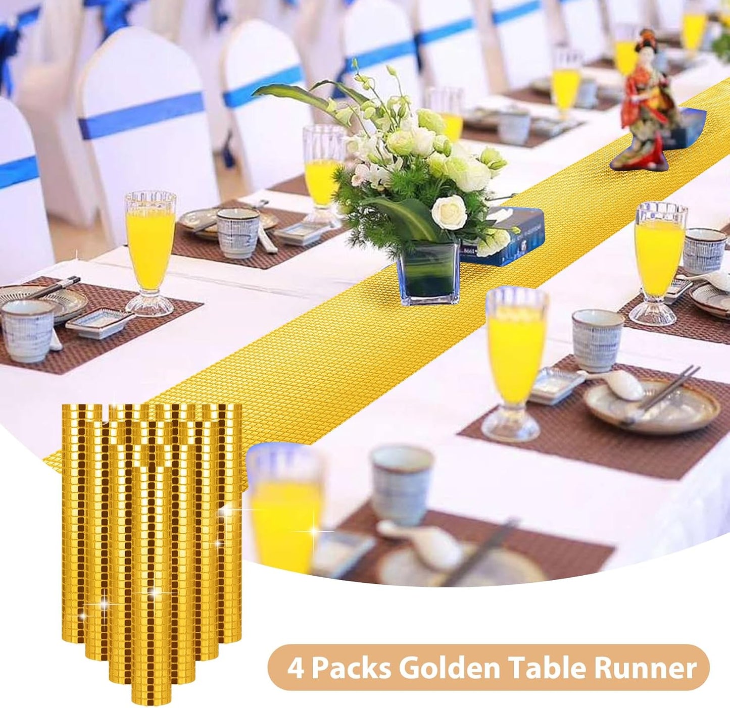 4 Packs Gold Disco Party Table Runner 12 x 108 Inches Mirror Glitter Table Runners for 70s 80s Disco Party Decorations Home Birthday Bachelorette Table Decorations